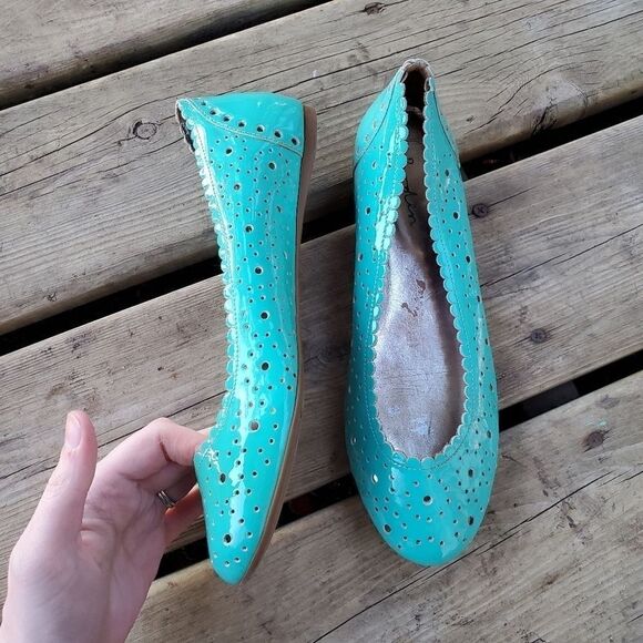 Boden Turquoise Patent Leather Laser Cut Out Scalloped Ballerina Ballet Flats 39 - Picture 1 of 9